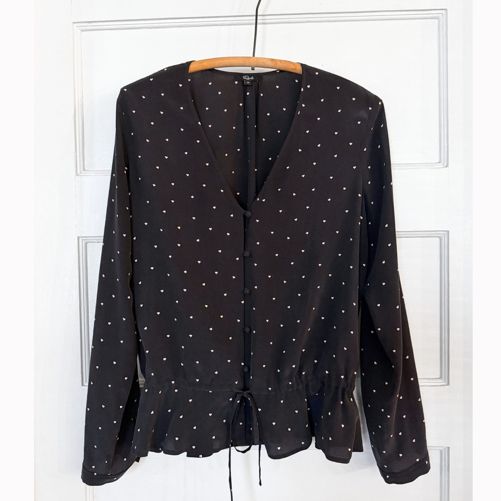 Rails Beaux 100% Silk Blouse Black Mini Hearts M Quiet Luxury Indie EUC
